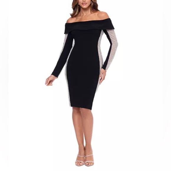 XSCAPE Women's Rhinestone-Mesh-Side Off-The-Shoulder Dress Black Sz 12 - Picture 1 of 9